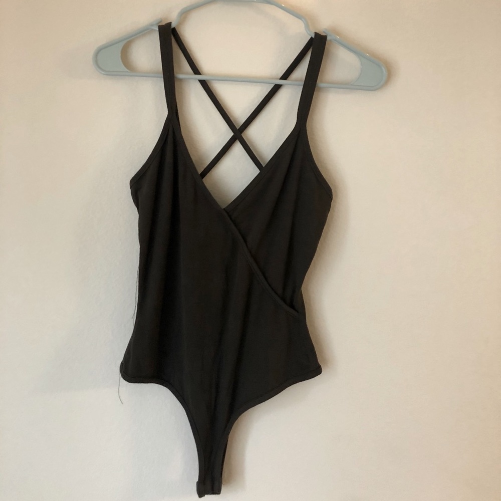 Crossed back velvety body suit- dark green